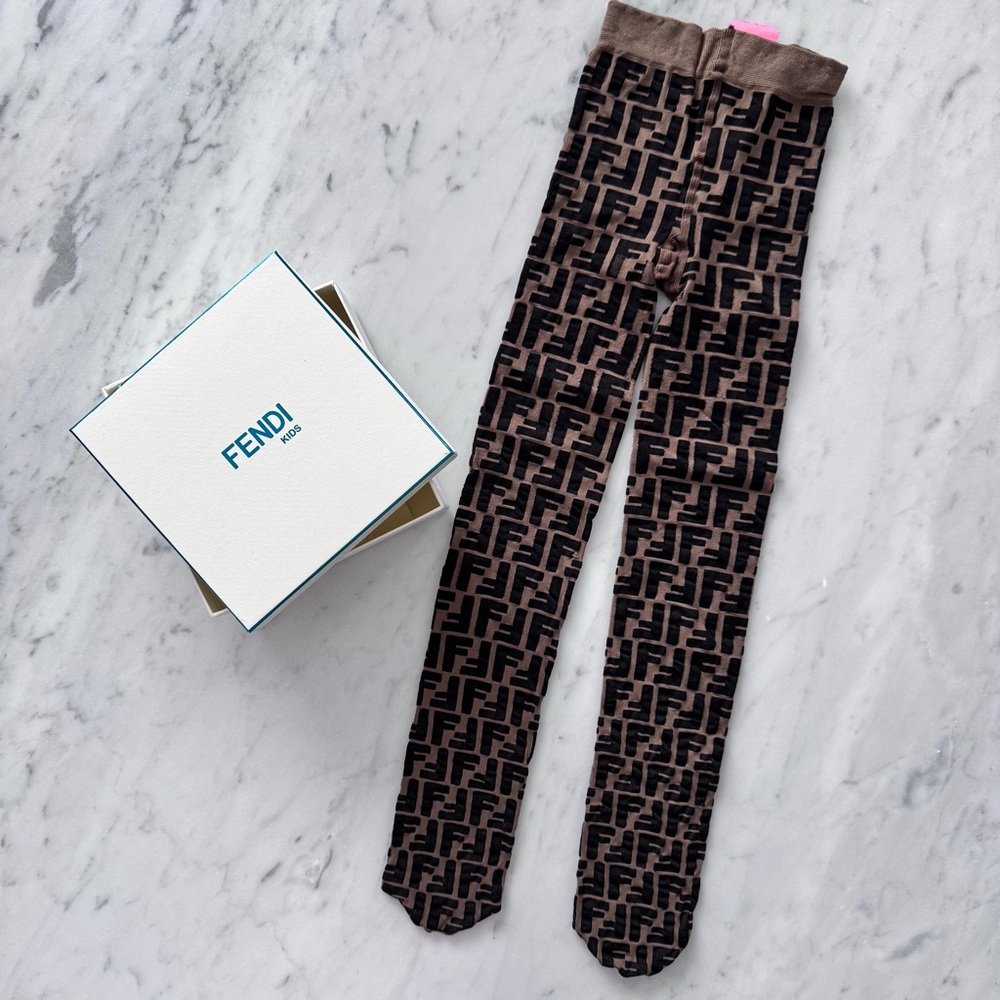 Fendi Kids 4-6 Girl’s Tights Zucca Logo Print Brown Black Hosiery Stockings